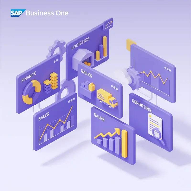 KI-generiertes 3D-Bild mit vertikalen Kacheln. Jede Kachel steht für einen eigenen Unternehmensbereich, z. B. Sales, Reporting, Finance, Logistics. Erstellt für den Bereich SAP Business One. Grundfarbe Lila.
