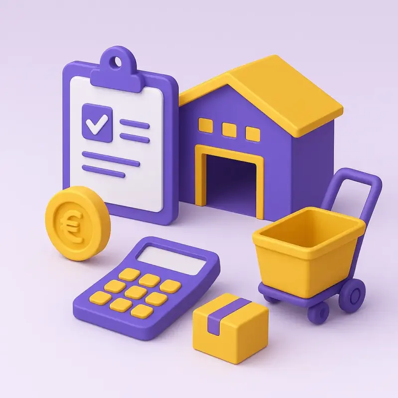 Lagerbereich im Großhandel mit Rechner für Warenmanagement, Versandkartons und Elementen für wirtschaftliche Transaktionen